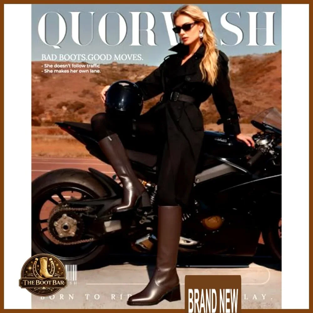 Knee High Boots Faux Leather Square Toe Chunky Heel Elastic Shaft Side Zipper - Picture 3 of 7